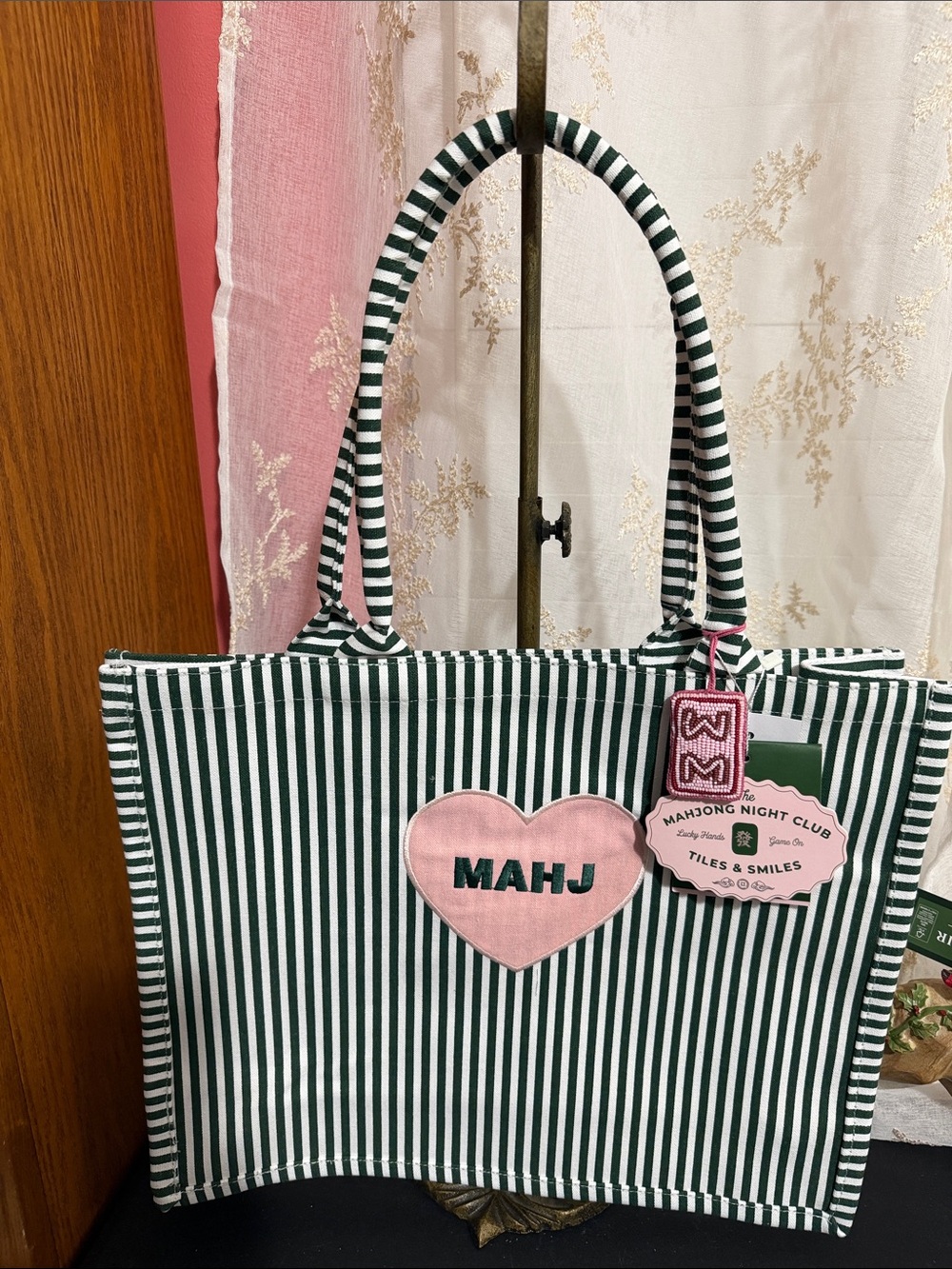The mahjong night club green and white canvas tote bag with beaded tile charm